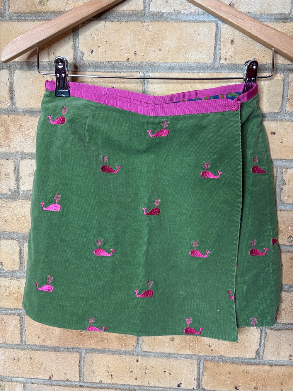 Lilly Pulitzer Green Corduroy Reversable Wrap Skirt with Pink Whale Embroidery
